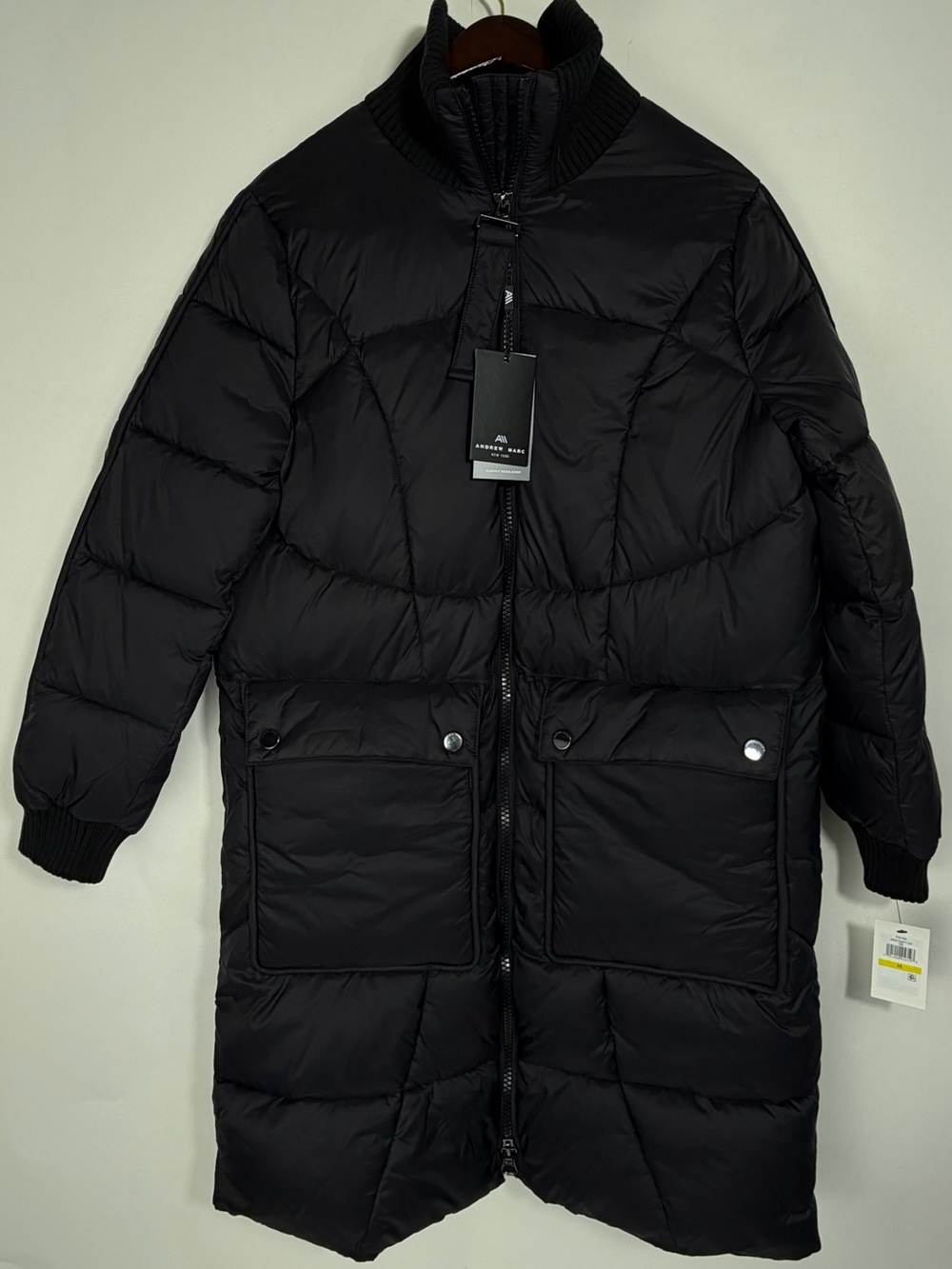 NWT Andrew Marc Pavia Longline Puffer Jacket Coat Black M MW3AP134 Ribber Collar